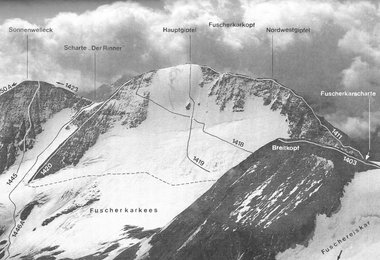 Fotographie der Fuscherkarkopf Nordwand aus dem Glocknergruppe und Granatspitzgruppe Führer.