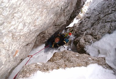 Im Kamin des Bürkle Steiges (Schlüsselstelle)