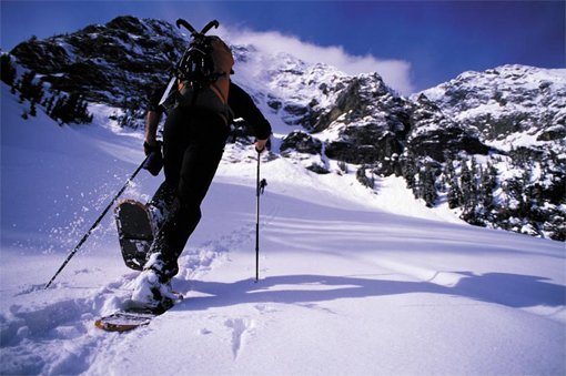 Gehen mit Schneeschuhen - hier der Zustieg zu einem Eisfall.