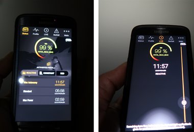 Smartphone: Links der Ladzustand, rechts der Regler mit dem man die Lichtstärke einstellt (und die Leuchtdauer sieht).