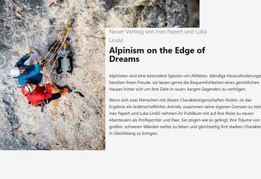Ines Papert und Luka Lindič zeigen 2019 den brandneuen Vortrag "Alpinism - on the egde of Dreams"