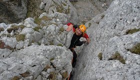 Die Schlüsselstelle (Kaminrinne) auf dem Säuling Ostgrat