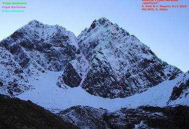 Prijakt Nordwand mit der Route Sintflut (c) V. Messini/S. Gietl