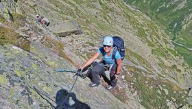 Platten im unteren Teil des Moosstock-Jubilaeus-Klettersteiges.