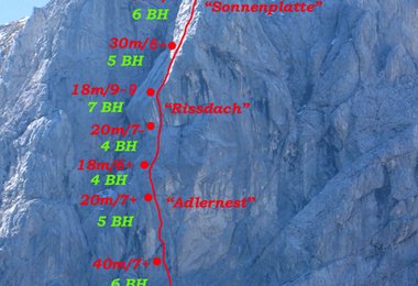 Gimpel Nordwand oberer Teil mit Route