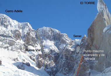 Links die Neutour am Cerro Adela, rechts der Versuch am Cerro Torre © www.barrabes.com