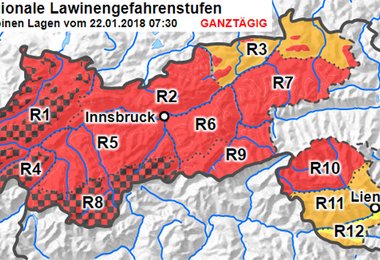 In den rot/schwarzen Gebieten herrscht sehr große (Stufe 5) Lawinengefahr.