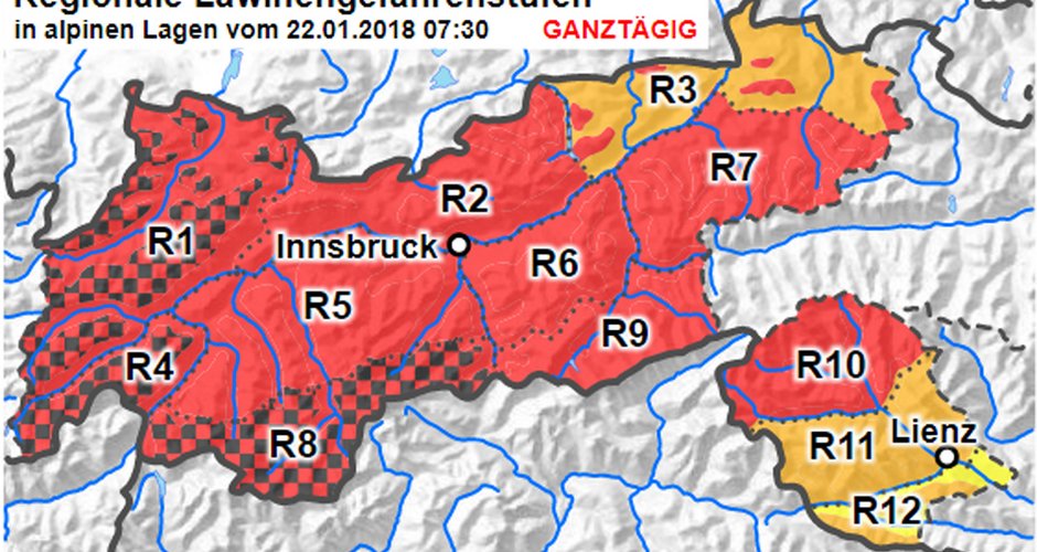 In den rot/schwarzen Gebieten herrscht sehr große (Stufe 5) Lawinengefahr.